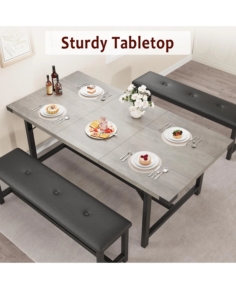 homfan 3 Piece Extendable Dining Set, Sturdy Engineered Wood Table with Padded Benches, Space Saving Multi scene Home Dining Furniture