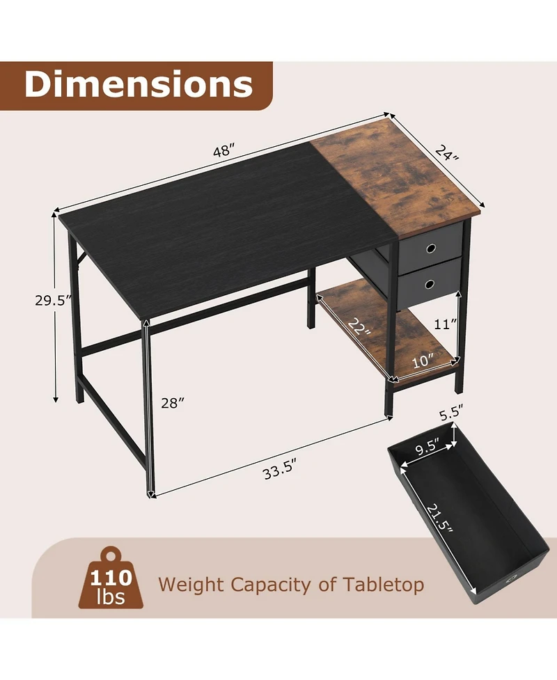 Slickblue 48 Inch Computer Desk with 2 Fabric Drawers Industrial Style