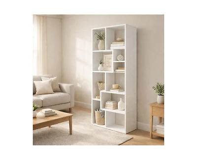 Flynama 5-Tier Asymmetrical Staggered Display Bookshelf, Modern Geometric Space-Saving Home Storage Rack