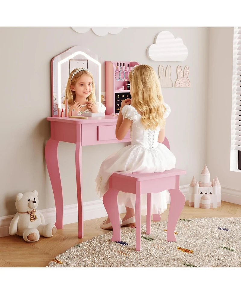 gaomon Toddler Lighted Vanity Set with Stool, 3-8 Years Girls Makeup Table and Pretend Play Set