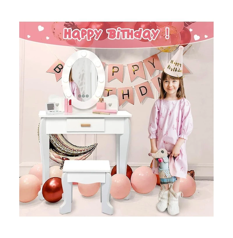 gaomon Toddler Lighted Vanity and Stool Set, Girls' Perfect Gift Makeup Pretend Play Table