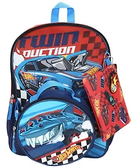 Bioworld Boys' and Girls' Hot Wheels Backpack, Lunch Kit, Pencil Case, Key Chain and Carabiner, 5-Piece Set