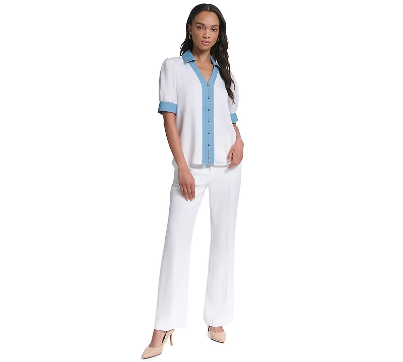 Karl Lagerfeld Paris Petite Collared Button-Front Blouse