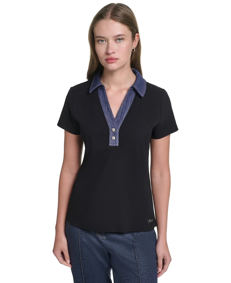 Karl Lagerfeld Paris Petite Collared Short-Sleeve Pull-On Top