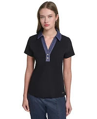 Karl Lagerfeld Paris Petite Collared Short-Sleeve Pull-On Top