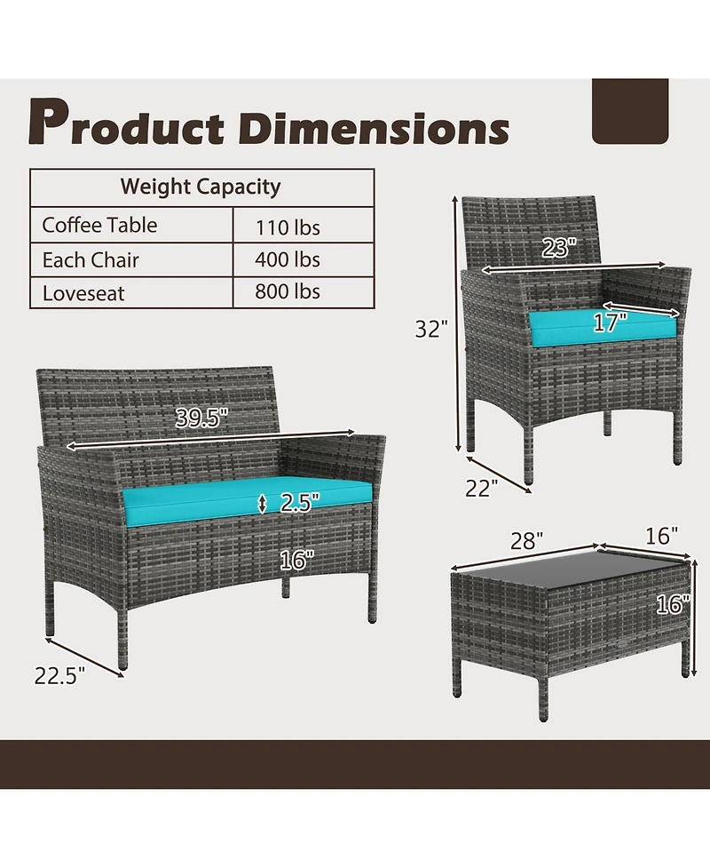 Sugift 4 Pieces Patio Rattan Conversation Set with Tempered Glass Coffee Table