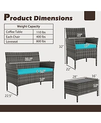 Sugift 4 Pieces Patio Rattan Conversation Set with Tempered Glass Coffee Table