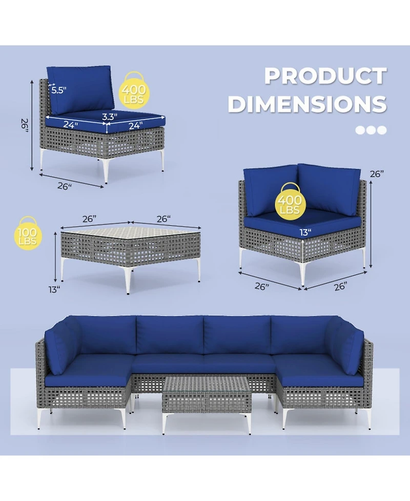 Sugift 7-Piece Pe Rattan Patio Sectional with Tempered Glass Coffee Table