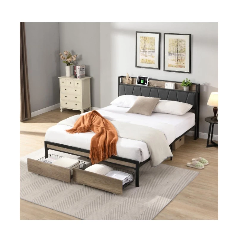 Lucky One Queen Size Platform Bed Frame with Wooden Headboard and Footboard, Heavy Duty Steel, No Box Spring Needed