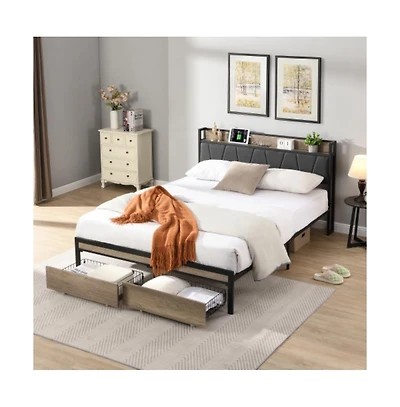 Lucky One Queen Size Platform Bed Frame with Wooden Headboard and Footboard, Heavy Duty Steel, No Box Spring Needed