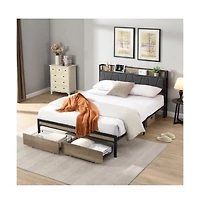Lucky One Queen Size Platform Bed Frame with Wooden Headboard and Footboard, Heavy Duty Steel, No Box Spring Needed