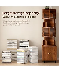 Flynama 5-Tier Rotating Bookshelf with Closed Drawer, Retro Solid Wood Narrow Corner Home Book Organizer