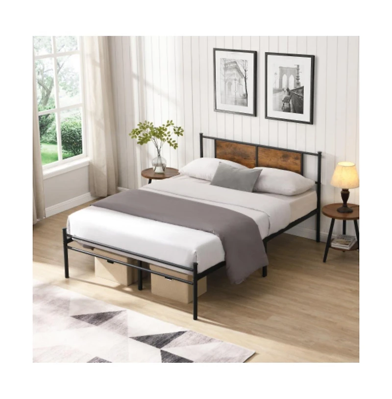 Lucky One Queen Size Metal Bed Frame with Wood Panel Headboard, Steel Structure, No Box Spring Needed