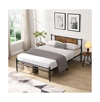 Lucky One Queen Size Metal Bed Frame with Wood Panel Headboard, Steel Structure, No Box Spring Needed