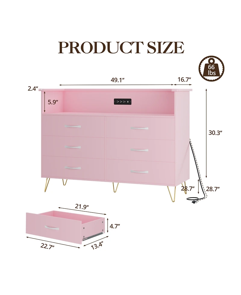 homfan 6-Drawer Dresser for Bedroom with Led Lights and Built-In Outlets, Engineered Wood and Metal Frame