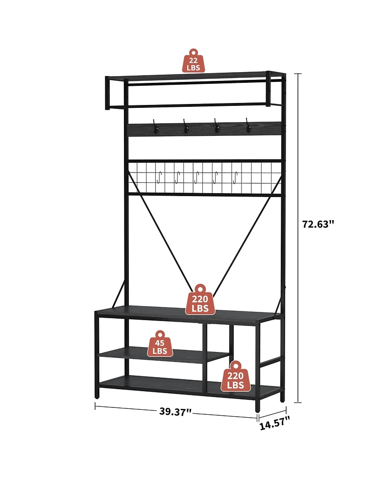 homfan Freestanding Clothes Rack, 72 Inch Metal and Wood Hall Tree with Hanging Rod Shoe Storage for Entryway