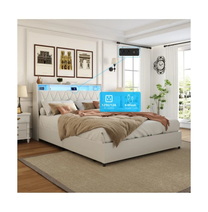 Lucky One Queen Size Platform Bed Frame with Ergonomic Headboard, Outlets, Usb Charger, Led Light, Storage Shelf, Noise-Free, No Box Spring Needed