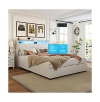 Lucky One Queen Size Platform Bed Frame with Ergonomic Headboard, Outlets, Usb Charger, Led Light, Storage Shelf, Noise-Free, No Box Spring Needed