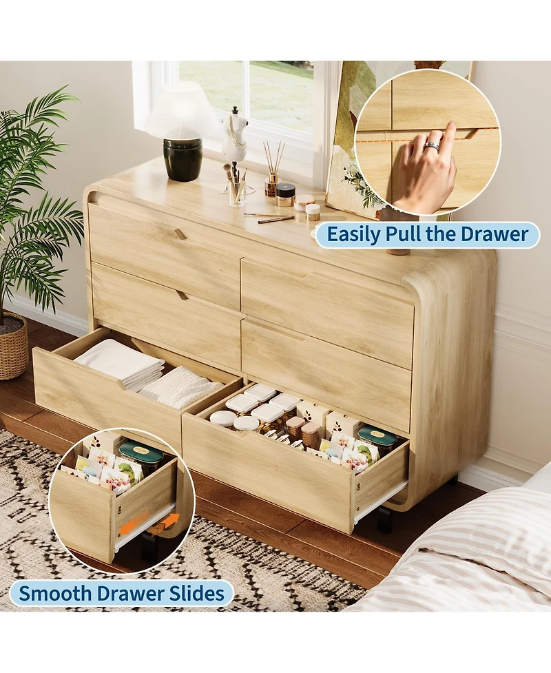 homfan 6 Drawers Dresser for Bedroom, 47" Wide Modern Wooden Clothes Dresser with Large Wood Storage, Chest of Drawers for Living Room, Hallway
