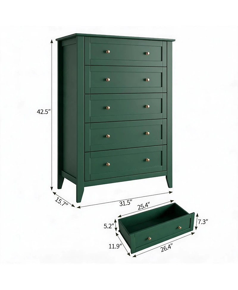 homfan Modern 5 Drawer Dresser for Bedroom, Tall Wooden Chest Organizer with Deep Storage Drawers and Metal Knobs, Perfect for Entryway