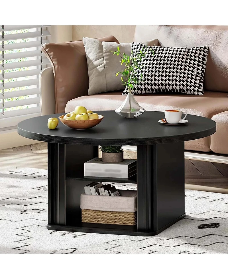 Slickblue Modern Round Coffee Table with Sliding Doors for Living Room or Office