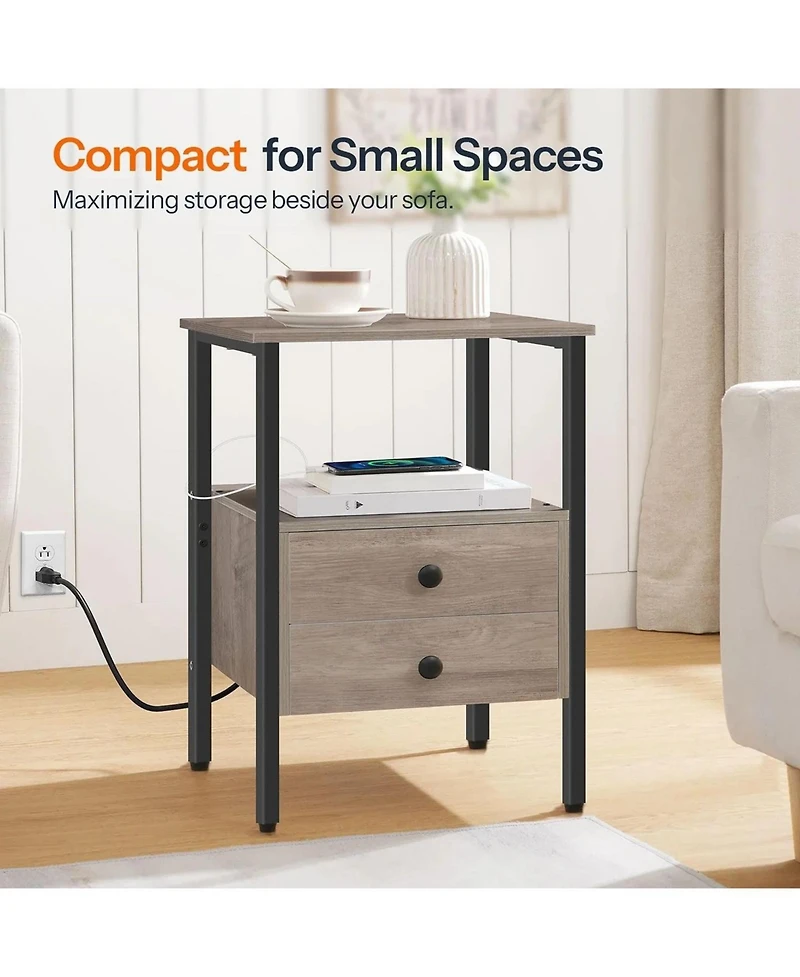 Slickblue End Table with Charging Station and 2 Drawers for Bedroom Storage
