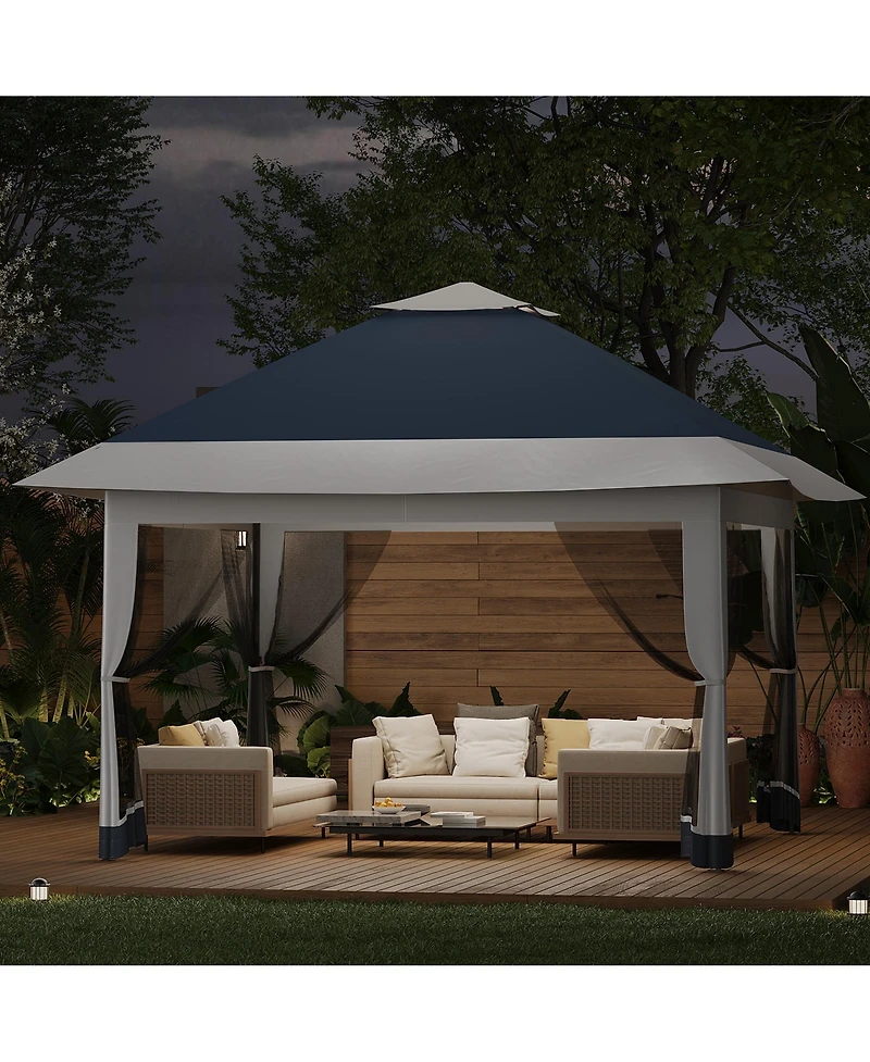 homfan 12 x Feet Cantilevered Folding Shelter With Roll-Up Eaves And Mesh Sidewalls, Pop-Up Patio Canopy For Backyard