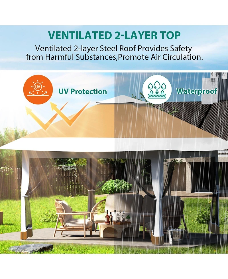 homfan 12 x Feet Cantilevered Folding Shelter With Roll-Up Eaves And Mesh Sidewalls, Pop-Up Patio Canopy For Backyard