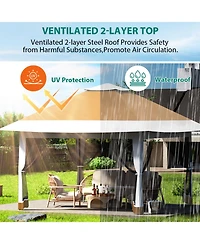 homfan 12 x Feet Cantilevered Folding Shelter With Roll-Up Eaves And Mesh Sidewalls, Pop-Up Patio Canopy For Backyard