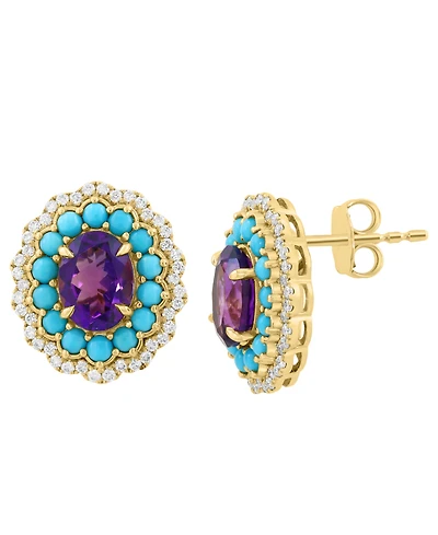 Effy Collection Amethyst (2-2/5 ct. t.w.), Turquoise (2mm) & Diamond (1/3 ct. t.w.) Stud Earrings in 14k Yellow Gold