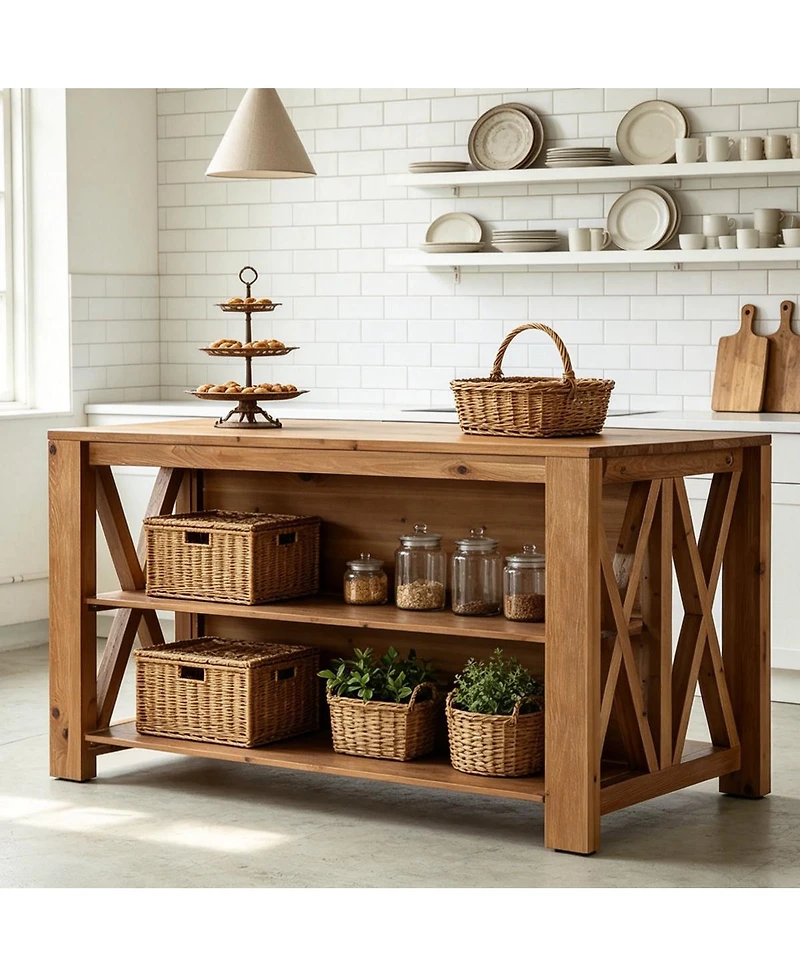 Tribesigns 3-Tier Solid Wood Kitchen Island with Storage Shelves For Kitchen Dining Room