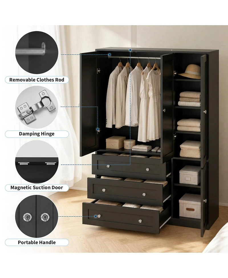 gaomon Wooden Armoire Wardrobe Closet, 71''H Large Clothing Storage Cabinet with Handing Rod and 3 Drawers, Clothes Organizer for Bedroom