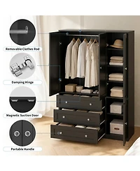 gaomon Wooden Armoire Wardrobe Closet, 71''H Large Clothing Storage Cabinet with Handing Rod and 3 Drawers, Clothes Organizer for Bedroom