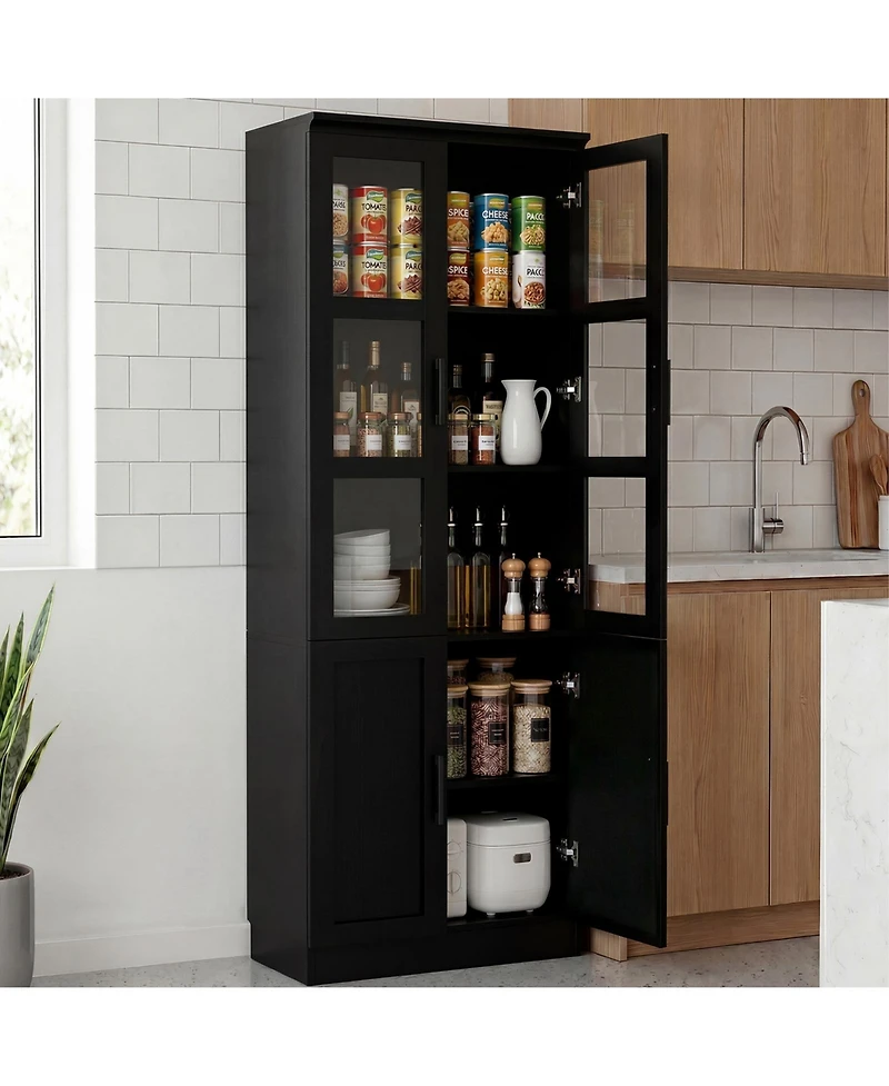 Aheaplus 80'' Tall Kitchen Pantry Cabinet, Display Bookcase with Glass Doors