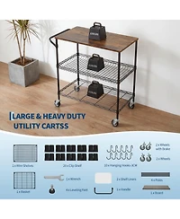 gaomon 35" Rolling Kitchen Cart with Wood Top, 3 Tier Metal Shelf Serving on Wheels 10 Hooks and Lockable Casters, Utility