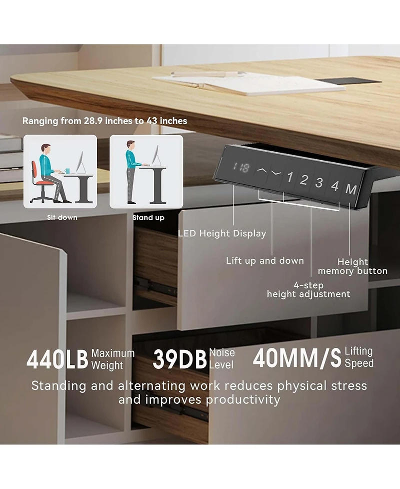 logicfox Executive Office Desk Adjustable Height with Drawers Outlet Storage Shelve
