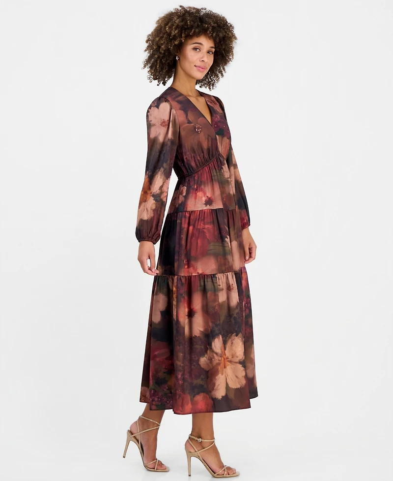 Robbie Bee Women's V-Neck Long-Sleeve Tiered Maxi Dress
