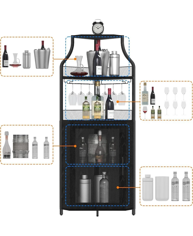 gaomon Corner Wine Cabinet with Detachable Wine Rack, 5-Tier Industrial Corner Bar Cabinet with Barn Door and Glass Holder, Farmhouse Buffet Cabinet
