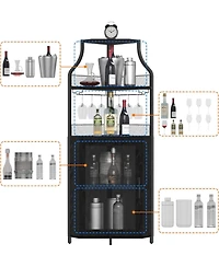gaomon Corner Wine Cabinet with Detachable Wine Rack, 5-Tier Industrial Corner Bar Cabinet with Barn Door and Glass Holder, Farmhouse Buffet Cabinet
