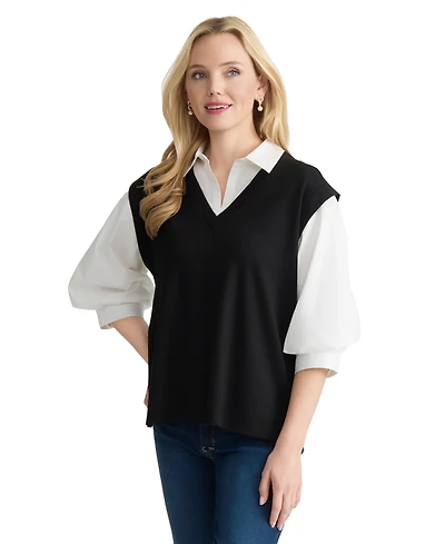 Jones New York Petite Collared 3/4-Length Sleeve Top
