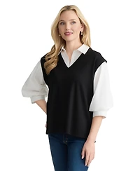 Jones New York Petite Collared 3/4-Length Sleeve Top