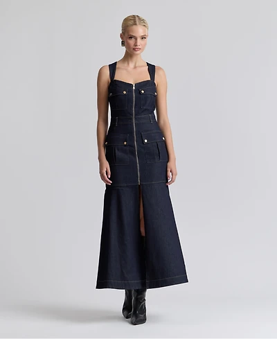 Avec Les Filles Women's Stretch Denim Cargo Zip-Front Midi Dress