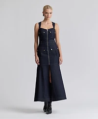 Avec Les Filles Women's Stretch Denim Cargo Zip-Front Midi Dress