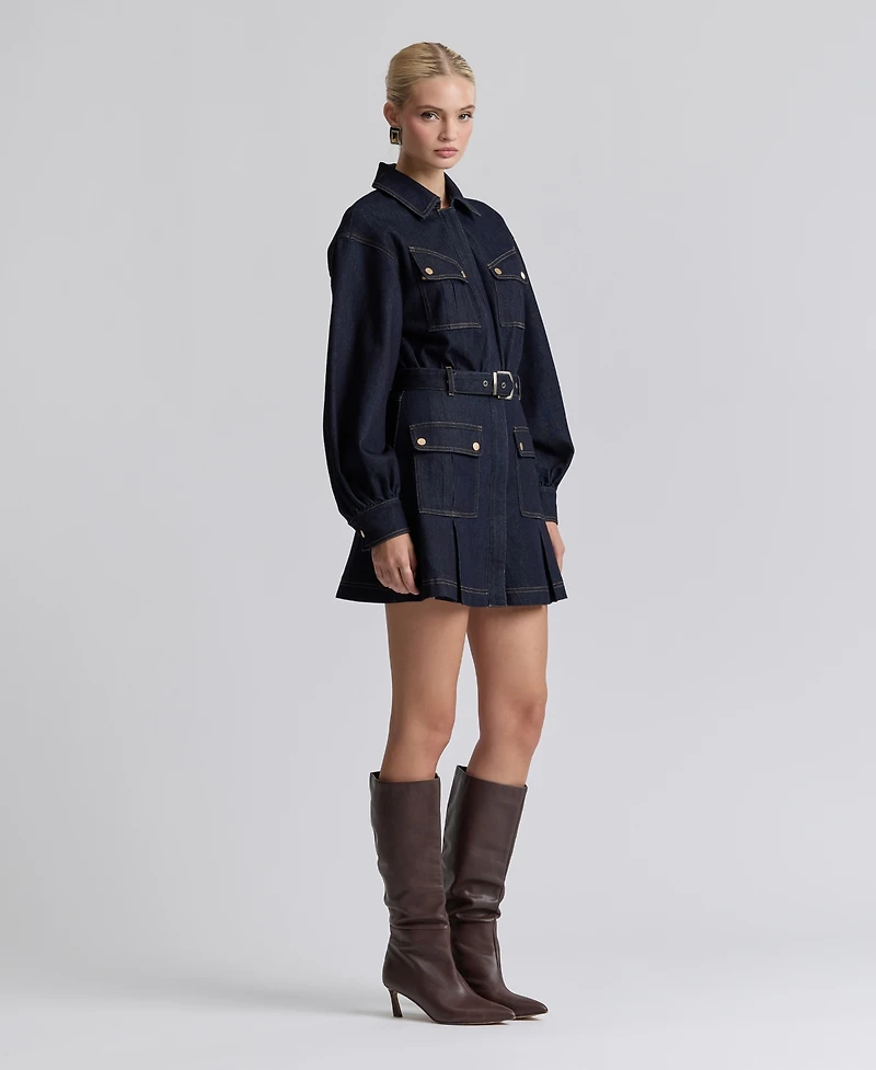 Avec Les Filles Women's Stretch Denim Belted Cargo Mini Dress