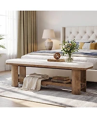 Tribesigns End of Bed Bench with Faux Lamb Wool Cushion for Bedroom, 62.9-Inch Wooden Upholstered Storage Bedroom Bench with Shoe Rack
