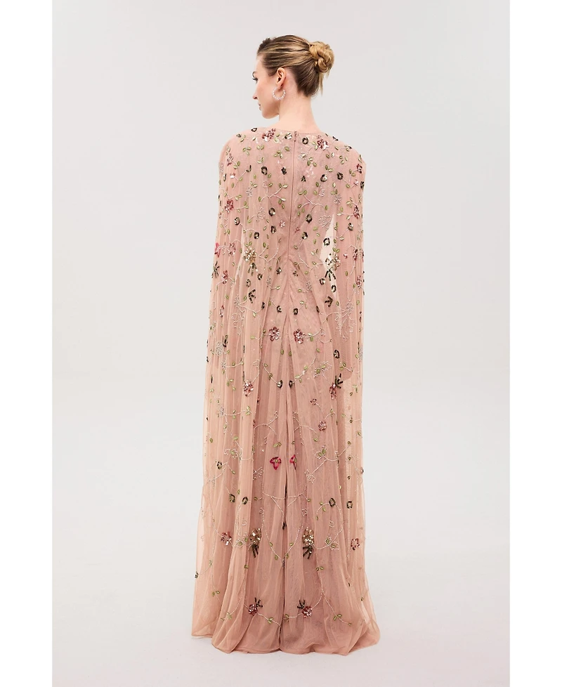 Beauut Women's Cape Sleeves Embellished Sequin Maxi Dress