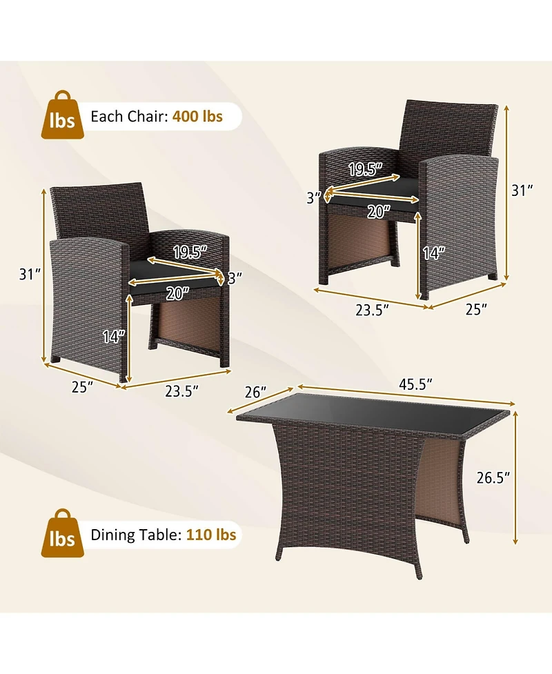 Costway 3 Piece Wicker Bistro Set Balcony Furniture Set with Tempered Glass Dining Table