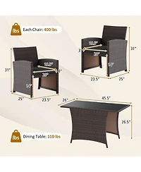 Costway 3 Piece Wicker Bistro Set Balcony Furniture Set with Tempered Glass Dining Table
