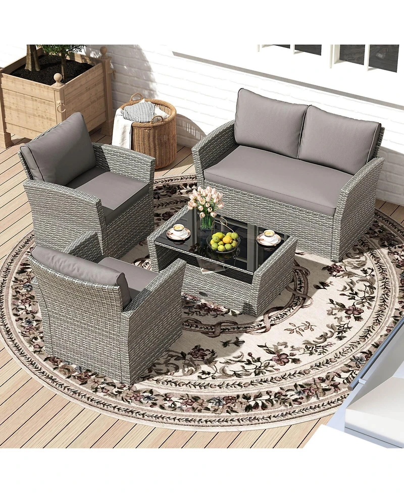 Costway Patio Furniture Set with 2 Rattan Chairs Loveseat Coffee Table Cushions