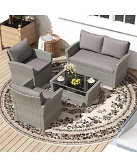 Costway Patio Furniture Set with 2 Rattan Chairs Loveseat Coffee Table Cushions